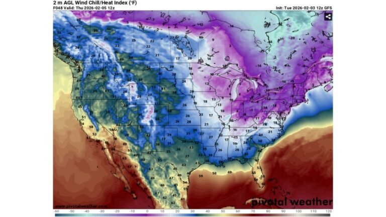Wind Chill Map Shows a Brutal East-Coast Cold Shot Thursday, With Cabarrus County Stuck in the Low-20s “Feels-Like” Range
