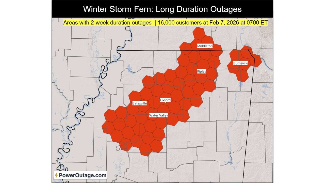 Winter Storm Fern Leaves Northern Mississippi With Weeks-Long Power Outages as Ice Damage Tops 1 Inch in Hardest-Hit Counties