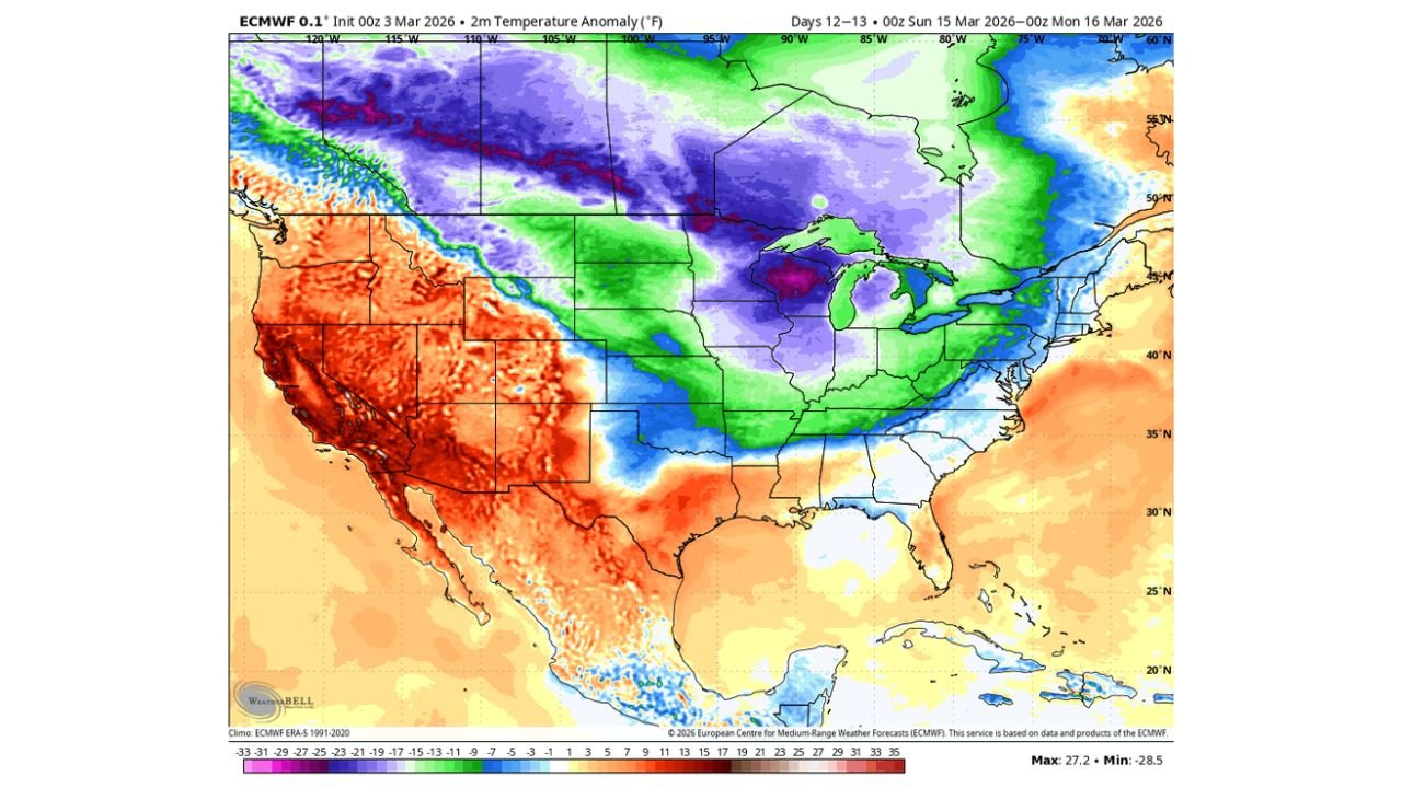 After Record Warmth Across Texas, the Midwest and the East Coast, Models Show Sharp Mid-March Cooldown Spreading From the Northern Plains to the Great Lakes and Ohio Valley