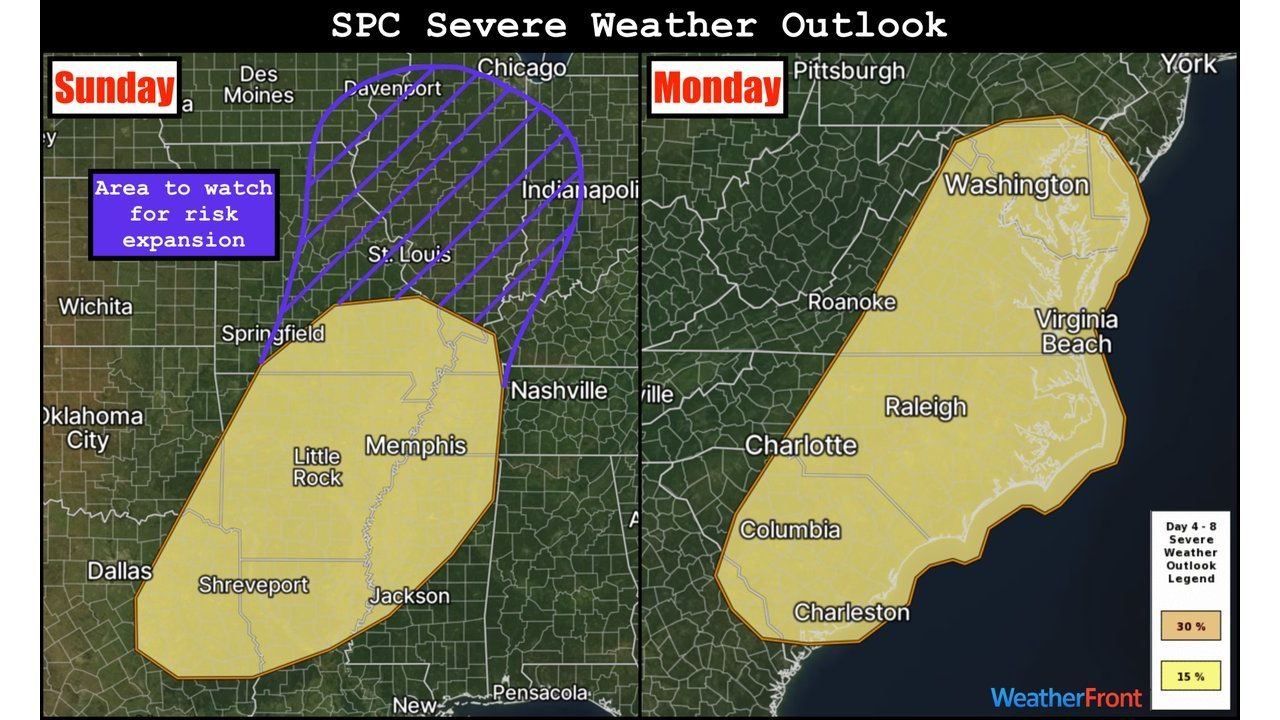 Arkansas, Mississippi, Tennessee, Louisiana and East Texas Targeted Sunday Before Virginia, North Carolina and the Mid-Atlantic Face Monday Severe Weather Threat as Powerful Trough Sweeps East
