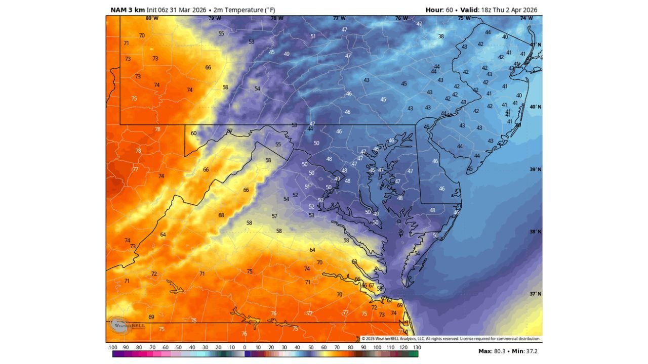 Baltimore and Maryland Face Strong Storms Wednesday Evening in the 80s Before Dramatic Temperature Crash Into the 40s and 50s by Thursday Afternoon as Cold Air Surges From the Northeast
