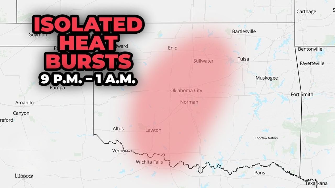 Central Oklahoma Faces Rare Isolated Heat Bursts Tonight Between 9 PM and 1 AM With Sudden Temperature Spikes to 80 Degrees and Wind Gusts of 45 to 55 MPH Possible Near Oklahoma City, Norman, Enid, Stillwater, and Lawton