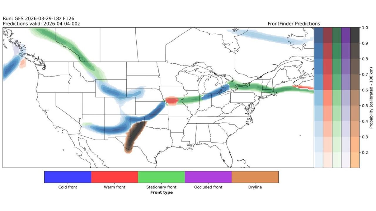 Cold Front, Dryline, and Stationary Front Set Up Across the Central Plains, Great Lakes, and Northeast Friday Evening April 3 as Active Pattern Continues to Drive Severe Weather Risk From Texas and Oklahoma Through Pennsylvania and New York