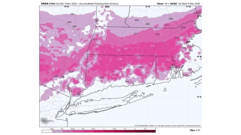 Connecticut River Valley From Bradley Airport to Hartford and Meriden Braces for Significant Freezing Rain as HRRR Trends Colder Across Connecticut and Western Massachusetts