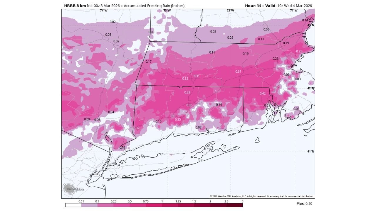 Connecticut River Valley From Bradley Airport to Hartford and Meriden Braces for Significant Freezing Rain as HRRR Trends Colder Across Connecticut and Western Massachusetts