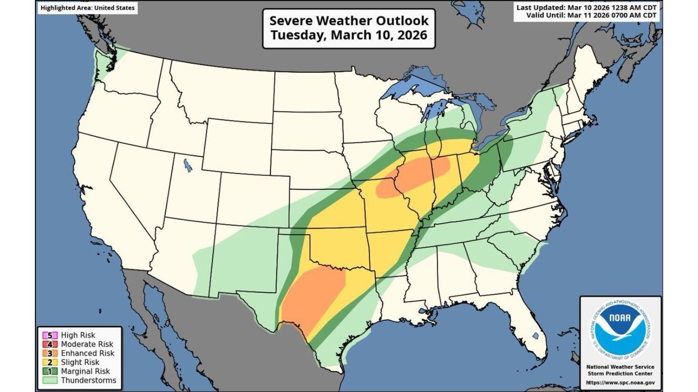 Dangerous Severe Weather Outbreak Targets Texas, Oklahoma, Missouri and Illinois Today as Strong Tornado and Giant Hail Threat Peaks