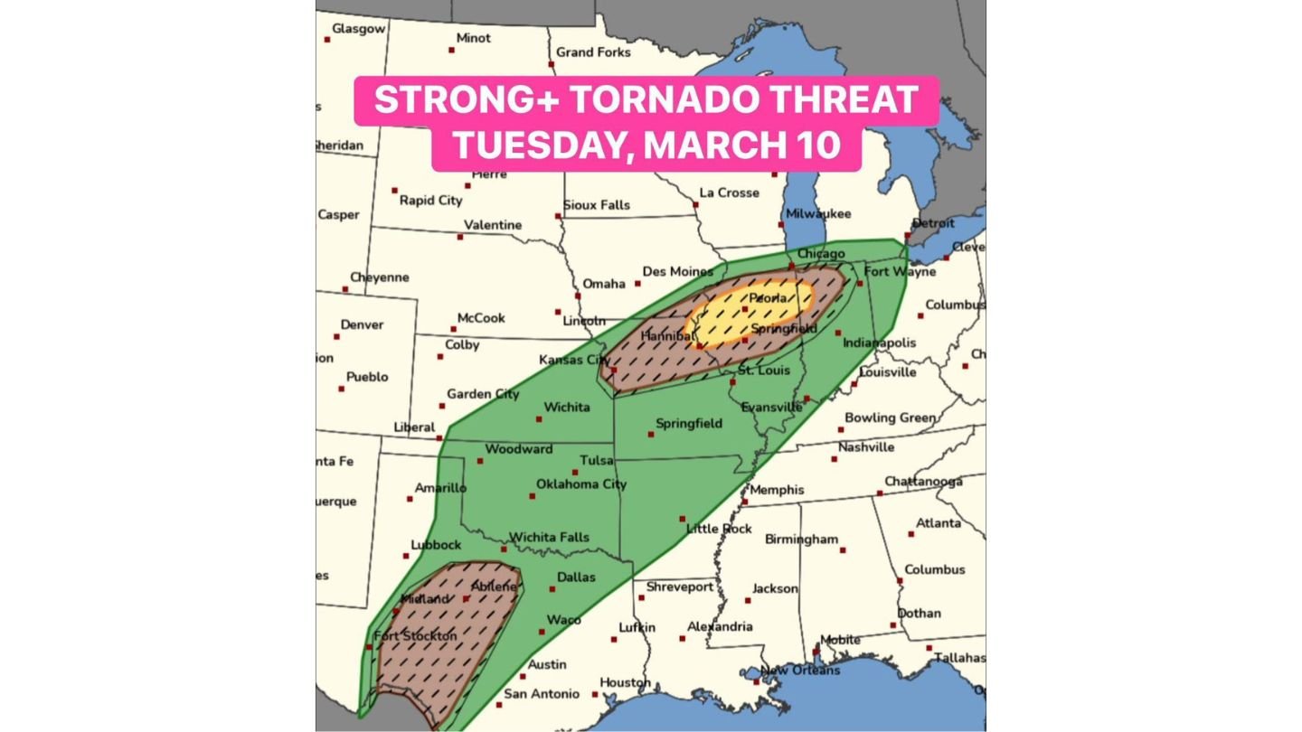 EF2+ Tornado Risk Expands from Northeastern Missouri Through Northern Illinois into Northwest Indiana Tuesday as SPC Adds 10% Hatched Zone Along Warm Front