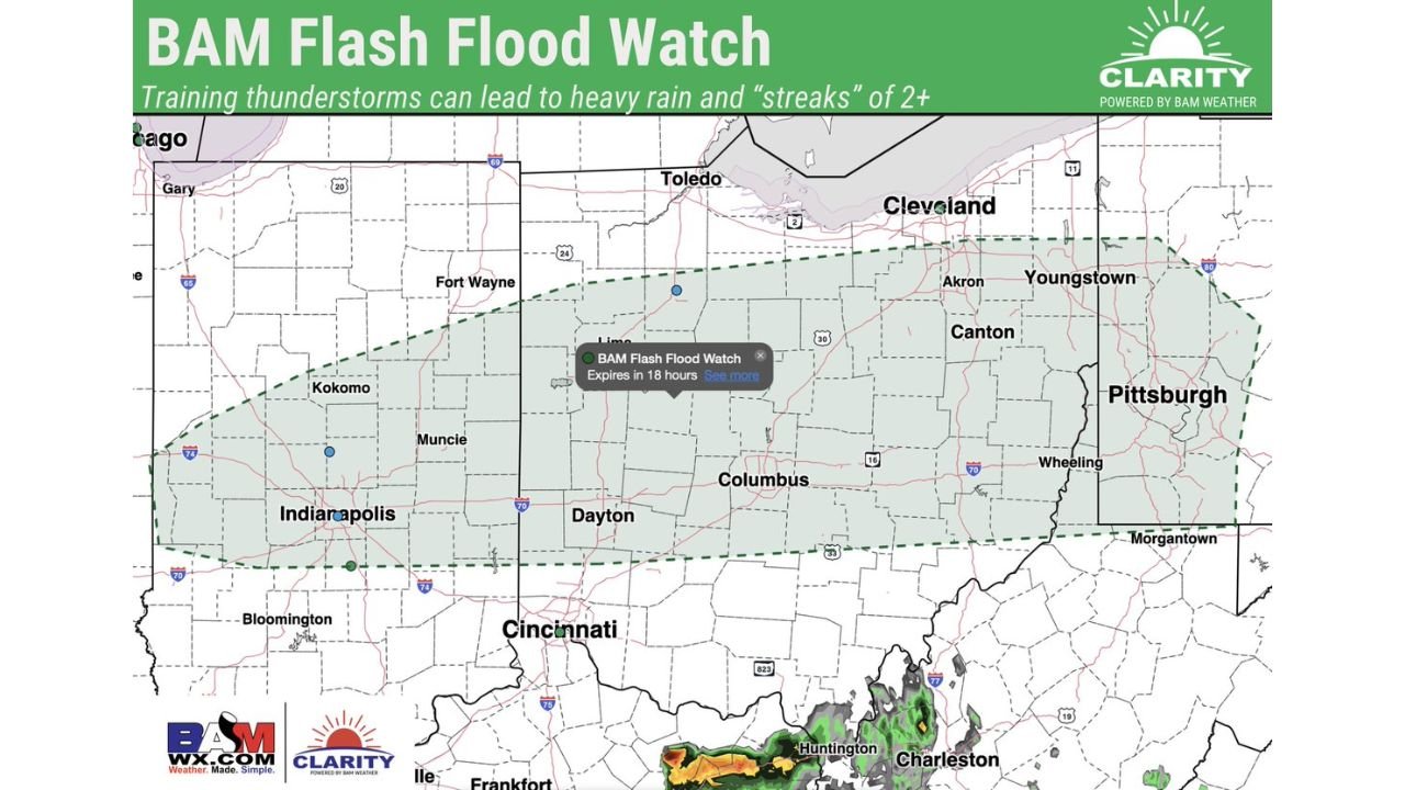 Flash Flood Threat Expands Across Indiana and Ohio as Training Thunderstorms Could Dump 2+ Inches in Hours