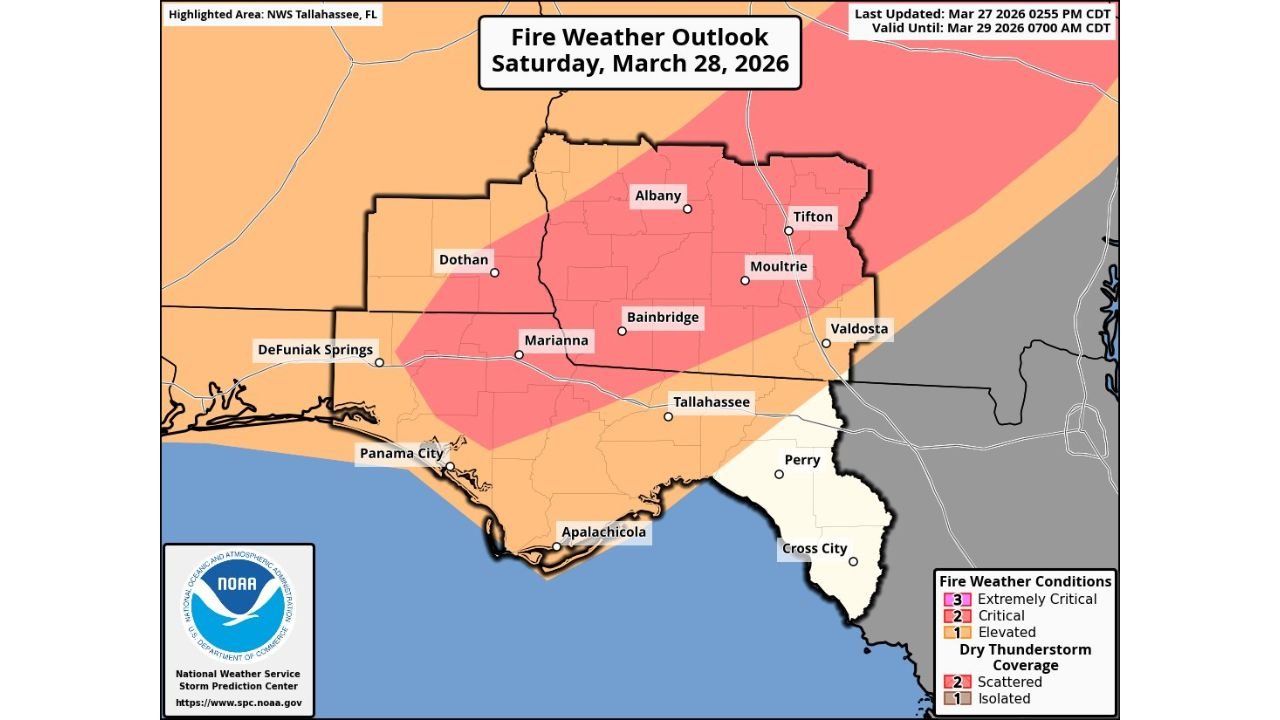 Florida Panhandle and Southwest Georgia Face Rare Critical Fire Weather Outlook Saturday With Rapidly Spreading Fire Risk From Marianna and Dothan to Albany and Bainbridge