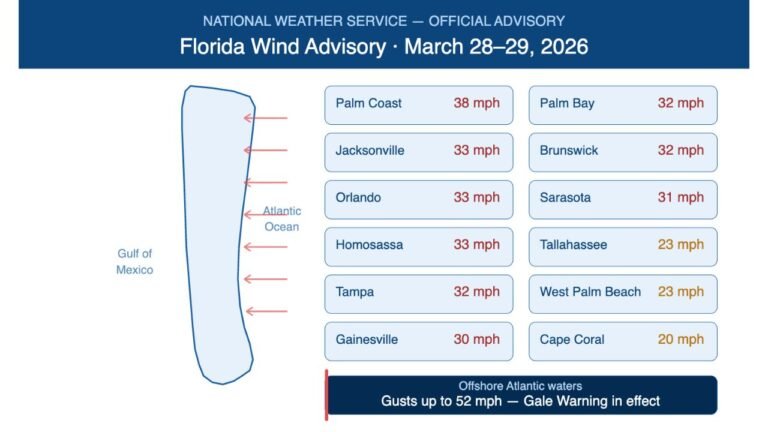 Florida Peninsula Faces Strong Winds, Gale Warnings, and High Surf Advisories Saturday and Sunday as Cool Front Sweeps Both Coasts