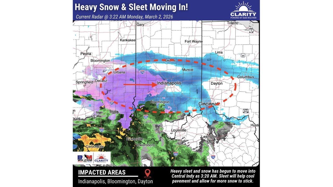 Heavy Snow and Sleet Overrun Central Indiana Before Dawn, Slippery Roads Expected in Indianapolis, Bloomington and Dayton Through 8 AM
