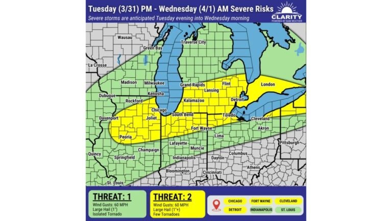 Illinois, Indiana, Michigan, Ohio Face Two-Round Severe Storm Threat With Overnight Hail Then Tuesday Night Wind and Tornado Risk