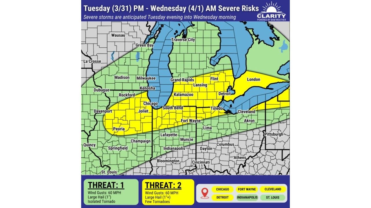 Illinois, Indiana, Michigan, Ohio Face Two-Round Severe Storm Threat With Overnight Hail Then Tuesday Night Wind and Tornado Risk