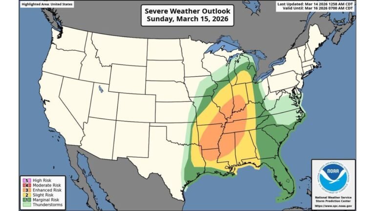 Illinois, Indiana, Mississippi and Alabama Under Enhanced Severe Risk as Midwest and Deep South Brace for Widespread Damaging Winds and Tornadoes Sunday