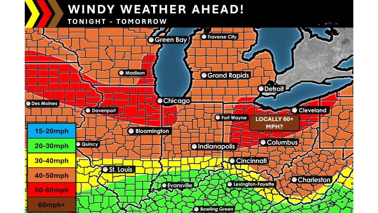 Illinois, Indiana, Ohio, Michigan and Wisconsin Brace for 40–60 MPH Wind Gusts as Strengthening Great Lakes Low Tracks from Chicago to Detroit and Cleveland