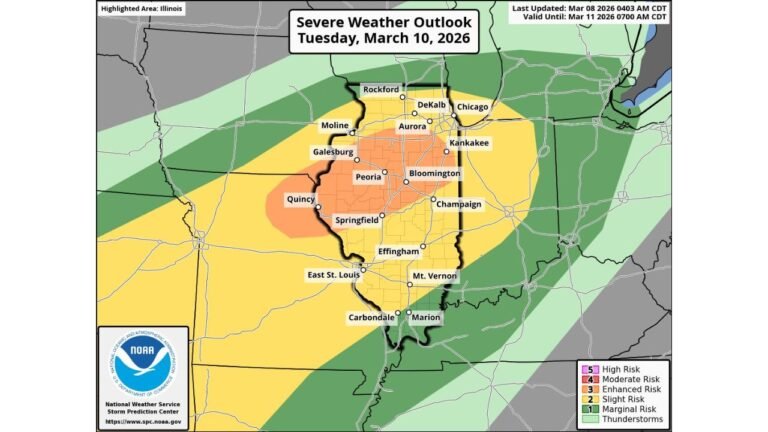 Illinois Under Enhanced Severe Weather Risk Tuesday as Tornadoes, Large Hail and Damaging Winds Target Springfield, Peoria, Bloomington and Chicago