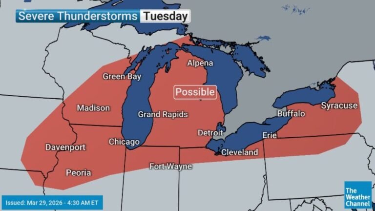 Illinois, Wisconsin, Michigan, Iowa, Indiana, Ohio, and New York Face Severe Thunderstorm Threat Monday Night Through Tuesday as Pattern Change Brings Near-Daily Storm Risk Across the Plains and Eastern US Through Easter