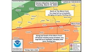 Illinois and Northwest Indiana Brace for Tornadoes Along Warm Front Tuesday Evening as Chicago, Joliet and Peoria Split Between Twister and Giant Hail Threat