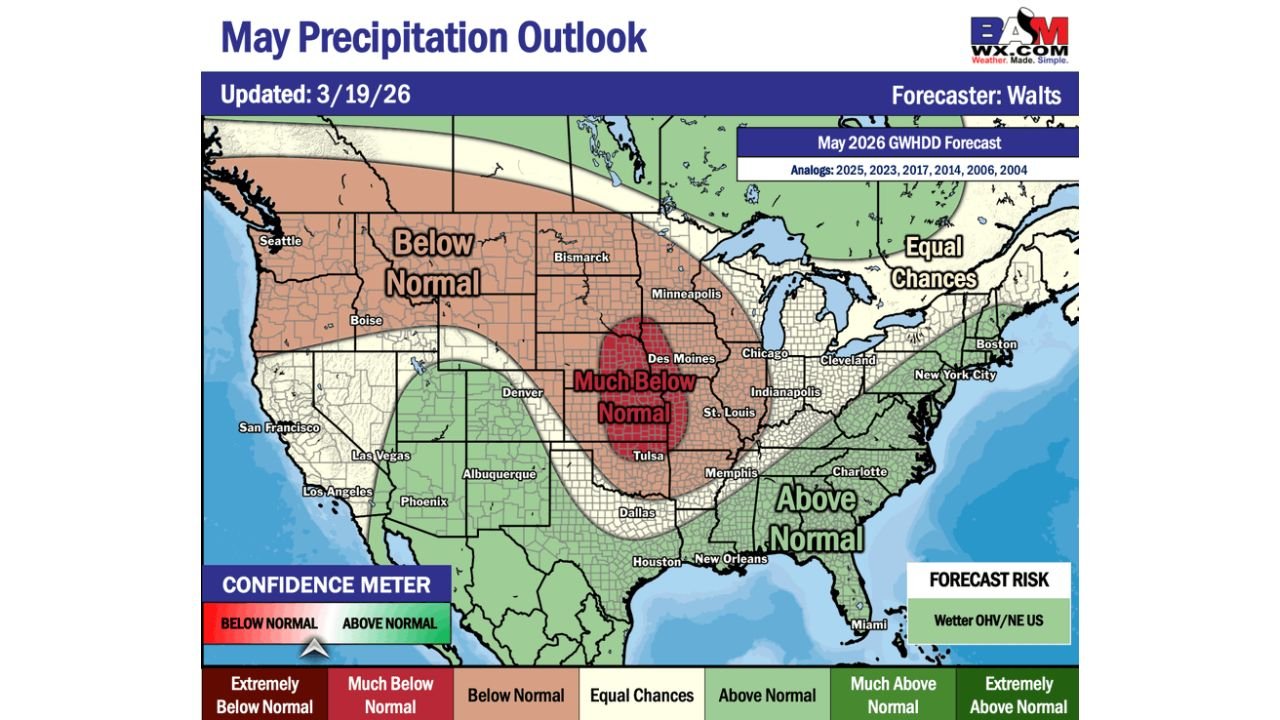 Iowa, Illinois, Indiana, Missouri, Kansas, Nebraska, and the Central Plains Face Much Below Normal Precipitation in May 2026 While Southeast, Ohio Valley, and Northeast Trend Wetter Than Normal