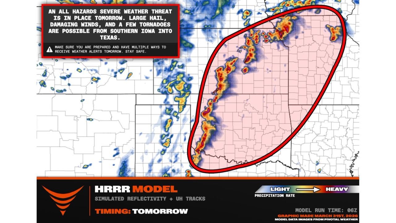 Iowa, Kansas, Oklahoma, Missouri, and Texas Face All-Hazards Severe Weather Threat Wednesday With Tornado Risk Peaking at Sunset as Low-Level Jet Intensifies Across Oklahoma City, Wichita, and Kansas City