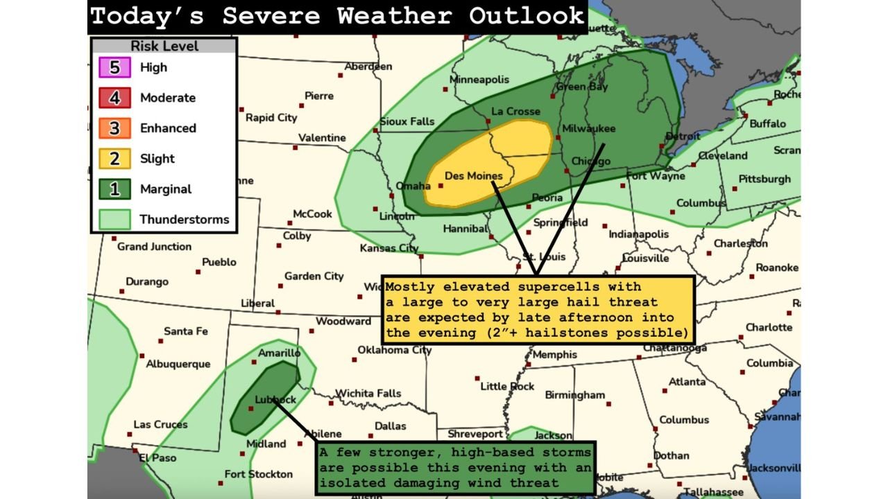 Iowa, Wisconsin, Illinois Face Large Hail Threat Monday as Elevated Supercells Develop, West Texas Also Sees Strong Storm Risk