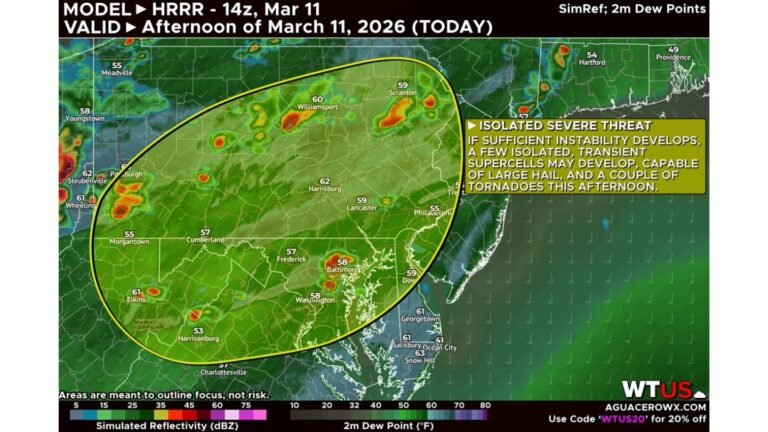 Isolated Severe Threat Targets Pennsylvania, Maryland, Virginia and New Jersey This Afternoon as Mini-Supercells Could Spark Large Hail and Brief Tornadoes