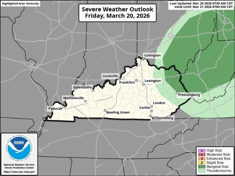 Kentucky Storm Threat Fades for Louisville, Lexington, and Bowling Green as Only Eastern Counties See Isolated Thunderstorm Chance Tonight
