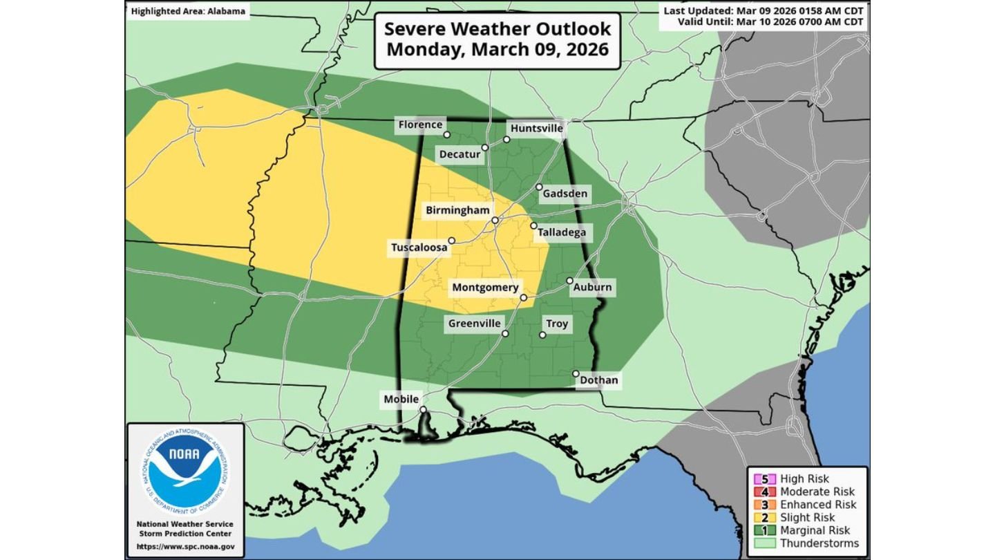 Large Hail Headlines Alabama Severe Threat Monday as Birmingham, Tuscaloosa and Montgomery Face 3PM–Midnight Storm Window