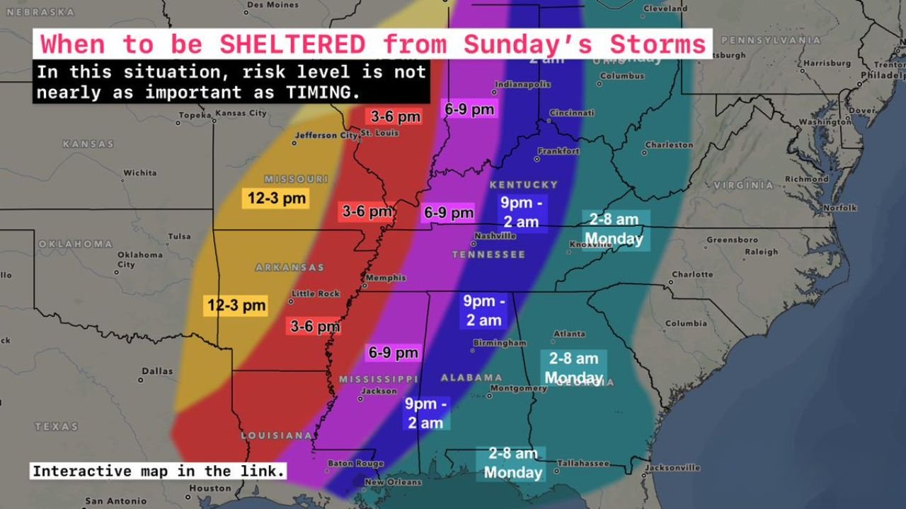 Louisiana, Mississippi, Arkansas, Tennessee, Kentucky, Alabama, Georgia, and the Carolinas Brace for Dangerous Overnight Storms as Squall Line Races East Sunday Into Monday