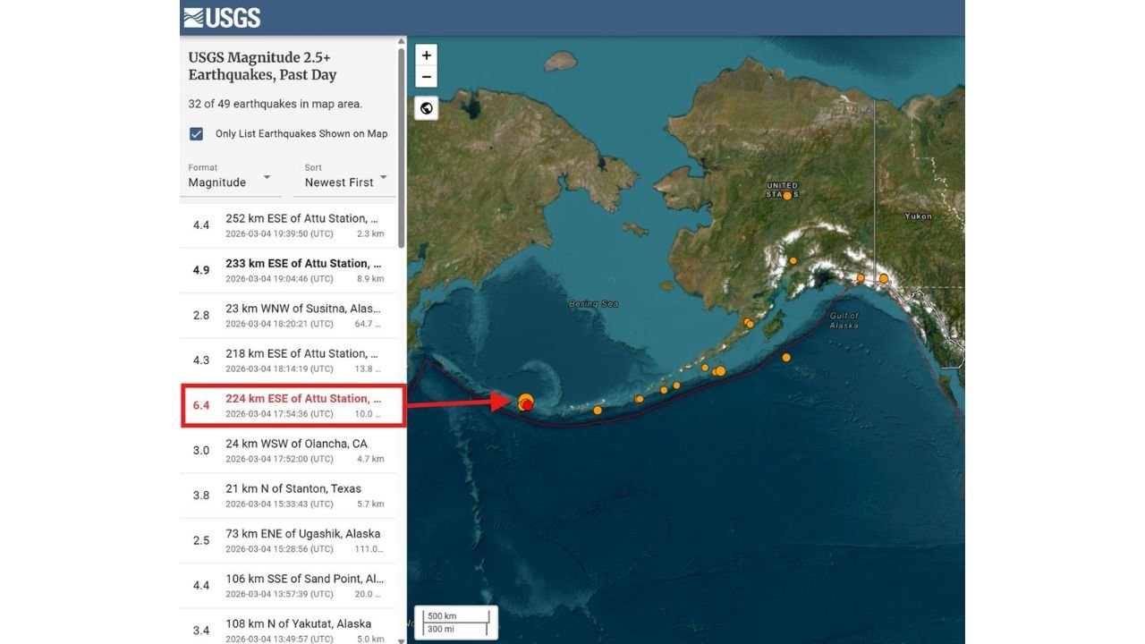 Magnitude 6.4 Earthquake Strikes 224 km ESE of Attu Station in Alaska’s Aleutian Islands as Seismic Burst Raises Risk of Stronger Shock
