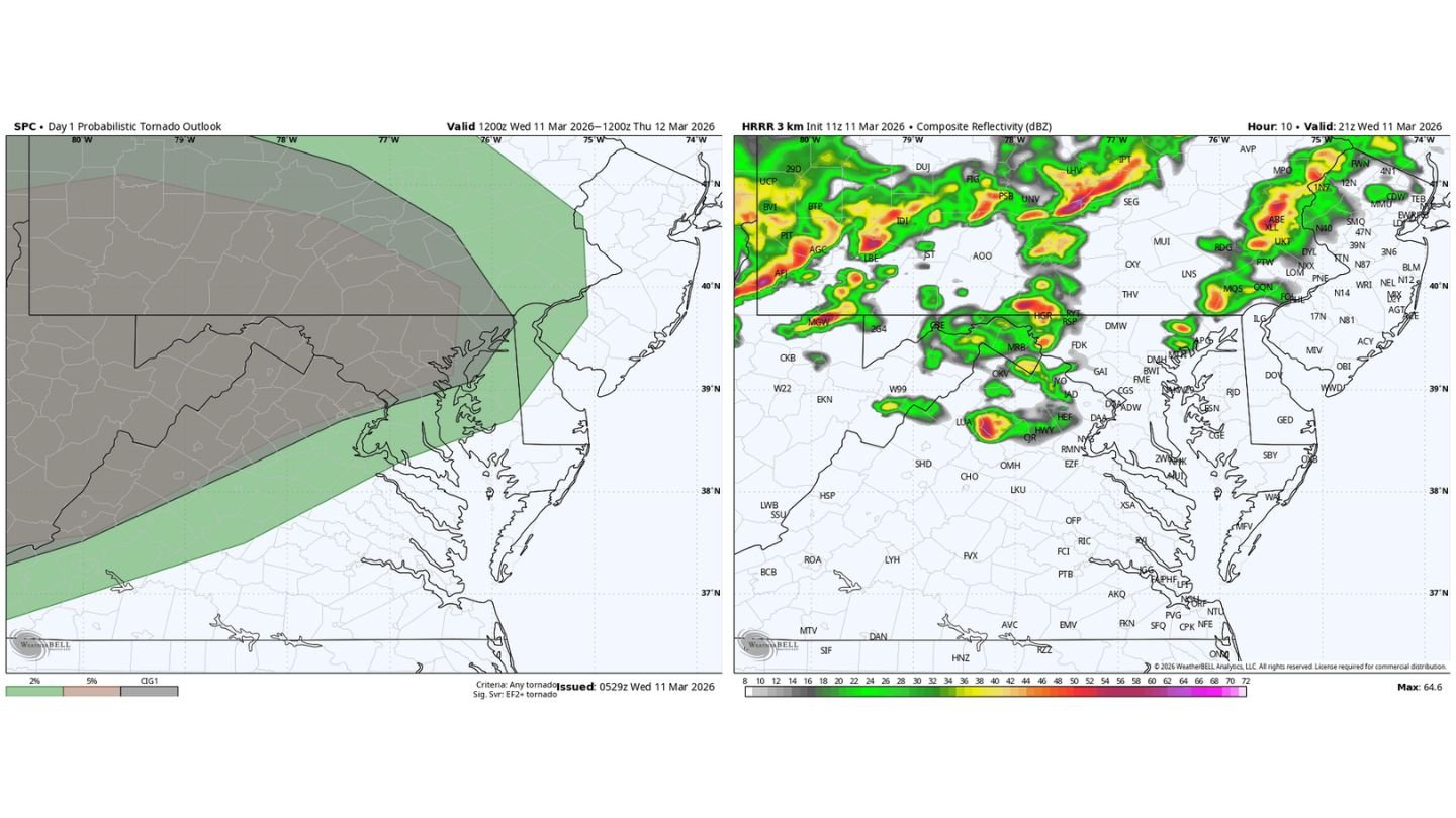 Maryland and Virginia Face Conditional Tornado Risk as Western Storm Development Could Push Damaging Winds and Possible Tornadoes Into Baltimore Metro This Evening
