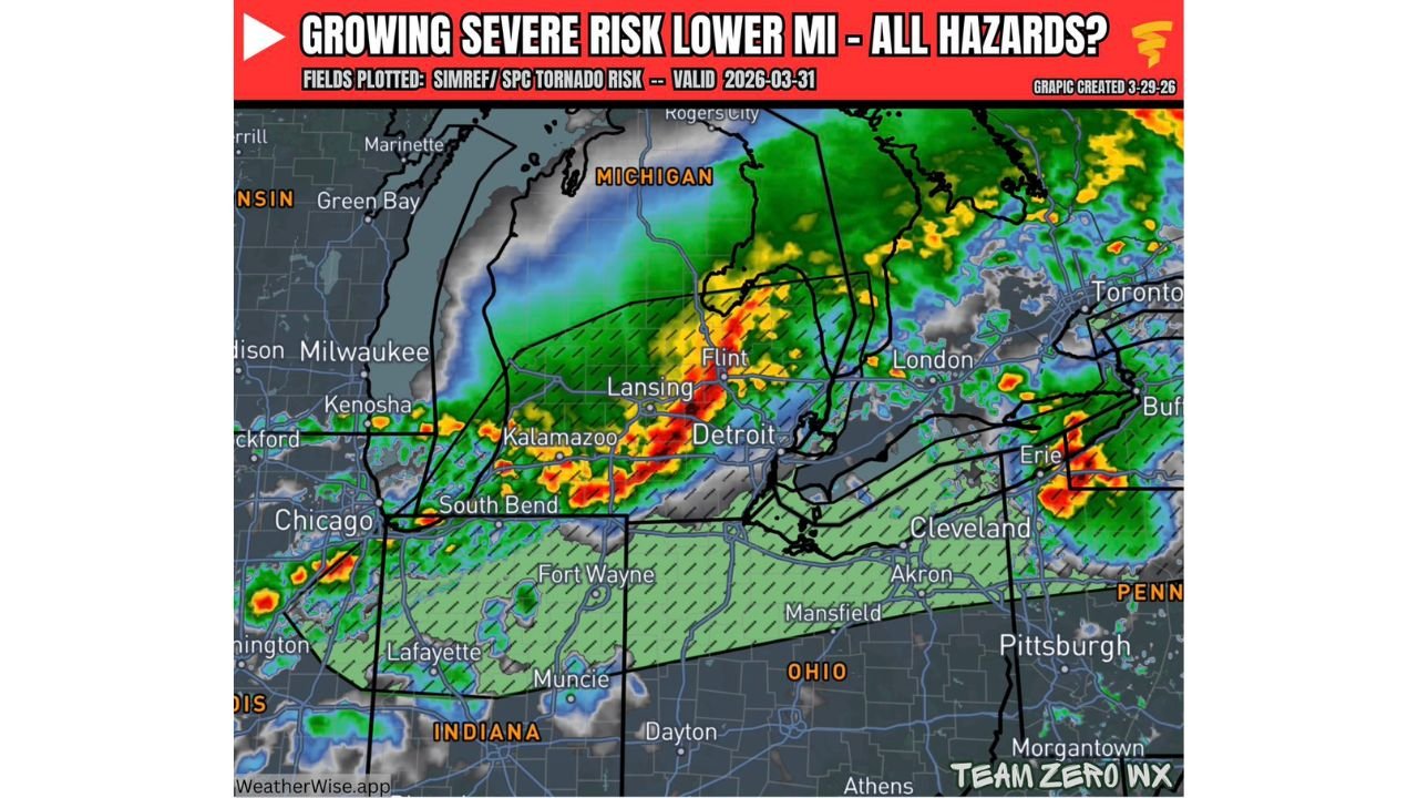 Michigan, Indiana, Ohio Face Increasing Severe Storm Risk Tuesday With Damaging Winds, Large Hail and Isolated Tornado Potential