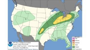 Mid Mississippi Valley, Ohio Valley, Great Lakes, Western Oklahoma, and Northwest Texas Under SPC Slight Risk Today as Two Separate Severe Weather Zones Bring Damaging Winds, Large Hail, and Isolated Storm Threat Tuesday March 31