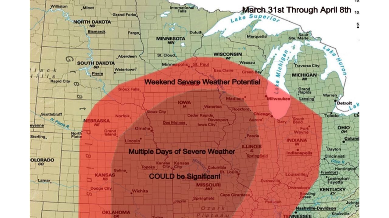 Midwest, Plains and Great Lakes Brace for Multi-Day Severe Weather Outbreak Into Early April With Significant Storm Potential