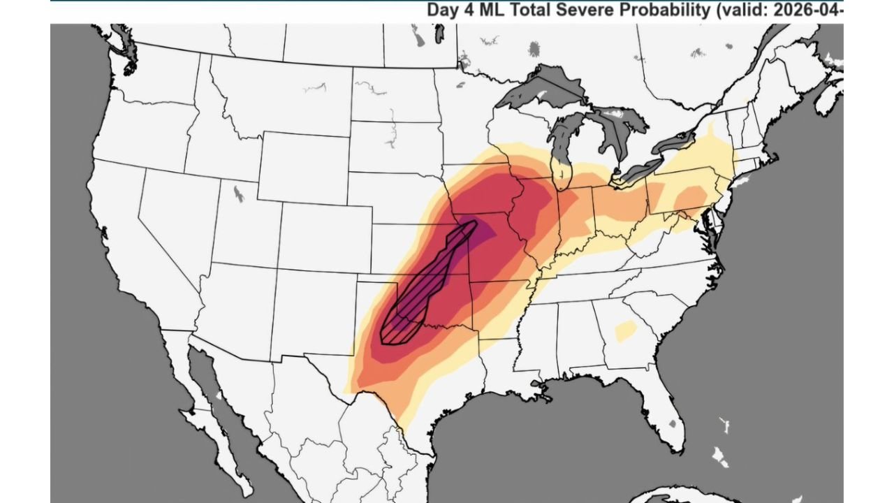 Missouri, Illinois, Arkansas, Iowa, Indiana, Kentucky, and Ohio Face Higher-End Severe Weather Threat Friday April 3 as NSSL Machine Learning Model Shows Strongest Signal of the Week With All Severe Modes Possible