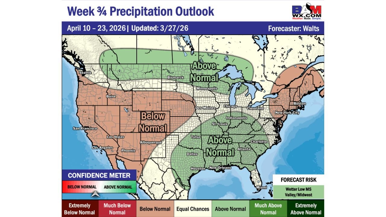 Montana, Minnesota, Wisconsin, Texas, Louisiana, Mississippi, Alabama, Georgia, and Southeast Face Above Normal Precipitation From April 10 Through April 23 While West Coast and Central Plains Trend Drier Than Normal