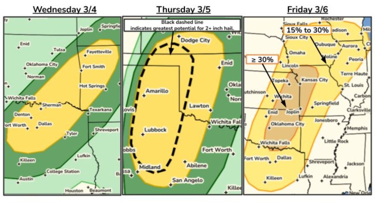 Multi-Day Severe Weather Outbreak Targets Texas, Oklahoma and Midwest Through Friday with 2+ Inch Hail and Tornado Risk