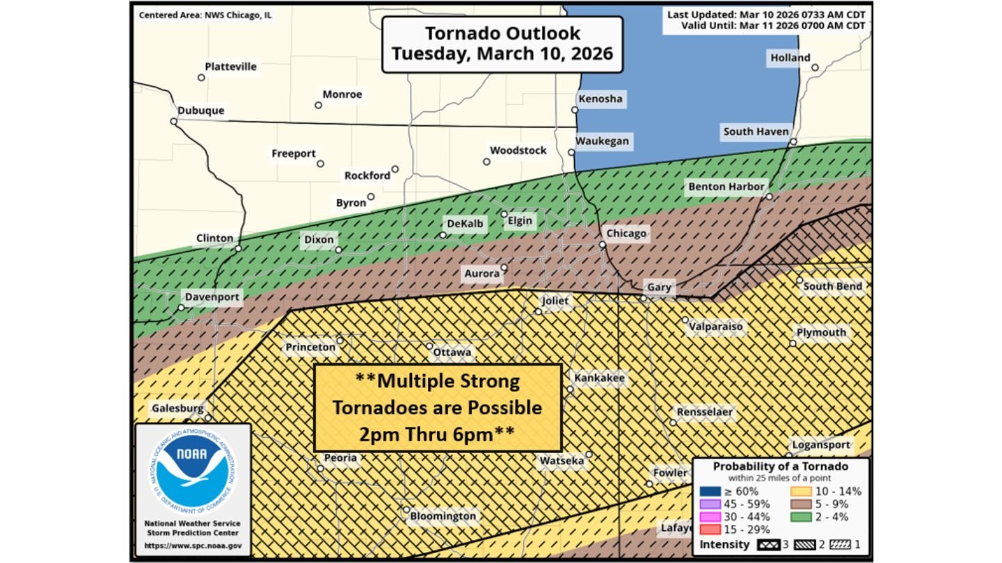 Multiple Strong Tornadoes Possible 2PM–6PM Across Central and Northern Illinois, Especially Near and South of I-80