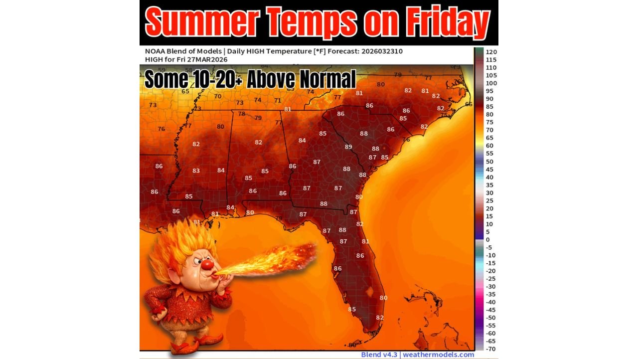 Georgia, Alabama, Mississippi, Florida and the Carolinas Face 10–20 Degree Temperature Surge With Near 90°F Heat by Friday
