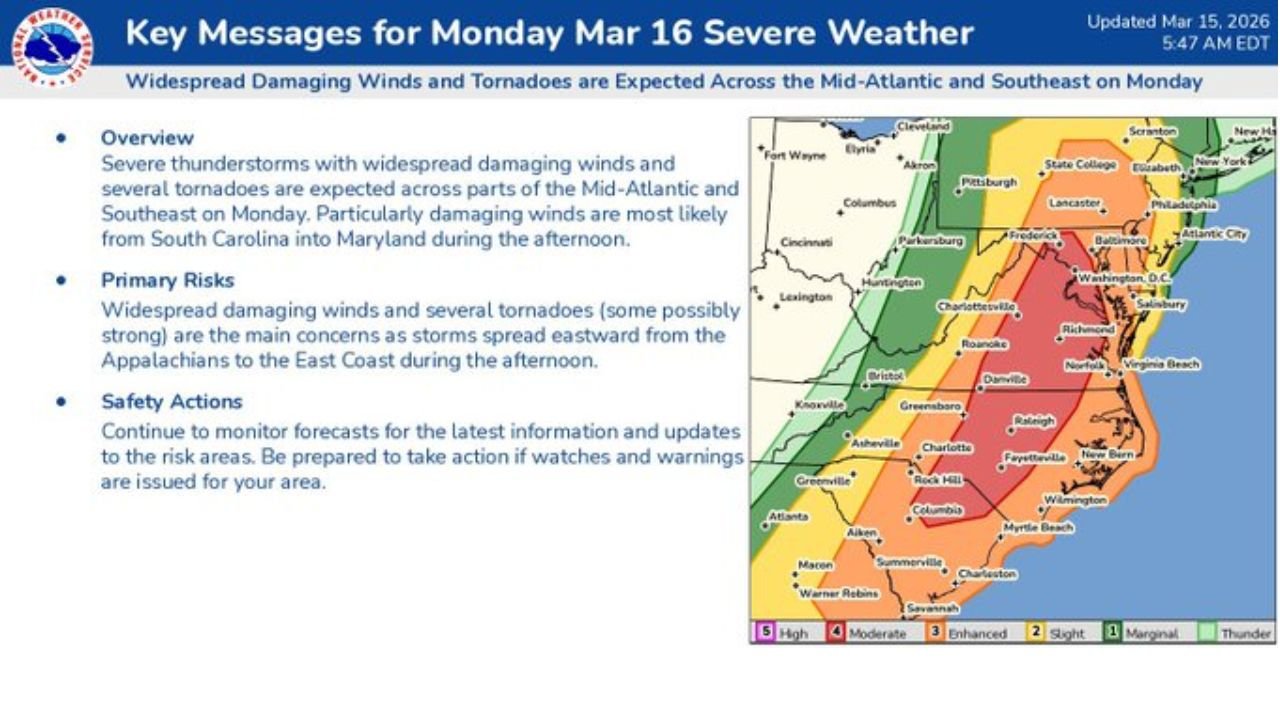 North Carolina, South Carolina, Virginia, Maryland, Pennsylvania and Washington DC in Path of Dangerous Two-Day Severe Weather Outbreak With Tornadoes and Damaging Winds