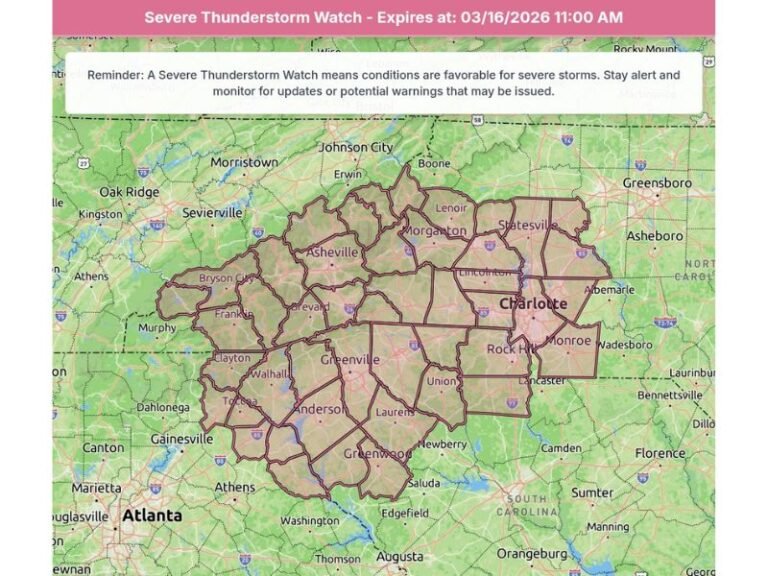 North Carolina, South Carolina and Georgia Under Severe Thunderstorm Watch Until 11 AM With Damaging Winds and Heavy Rain Possible