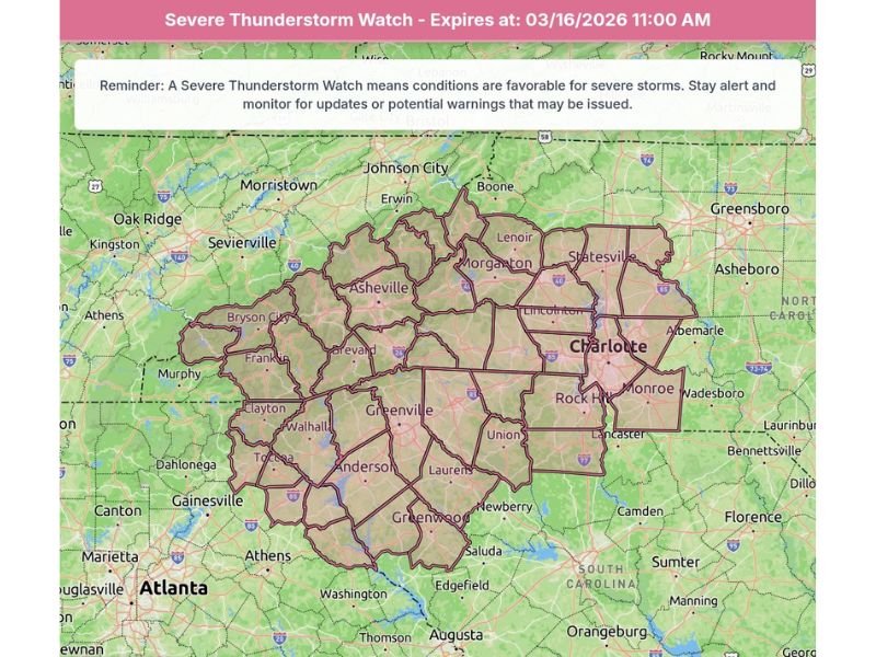 North Carolina, South Carolina and Georgia Under Severe Thunderstorm Watch Until 11 AM With Damaging Winds and Heavy Rain Possible