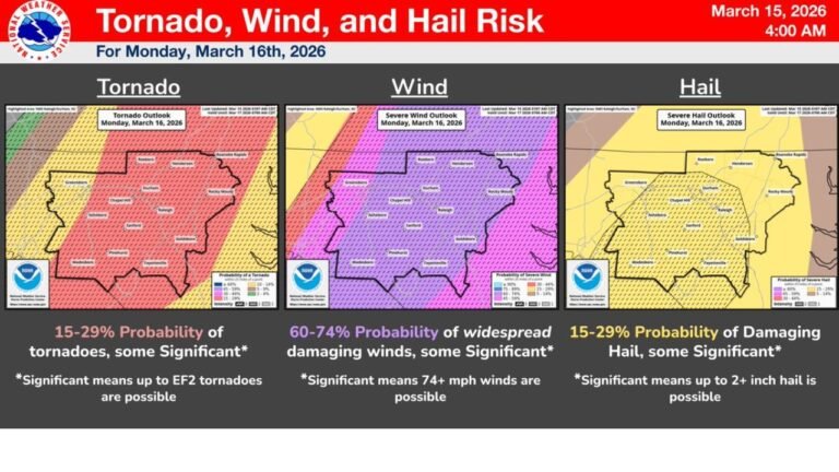 North Carolina, Virginia, Maryland and Washington DC Face Moderate Risk for Severe Storms Monday With Tornadoes, 75+ MPH Winds and Large Hail Possible
