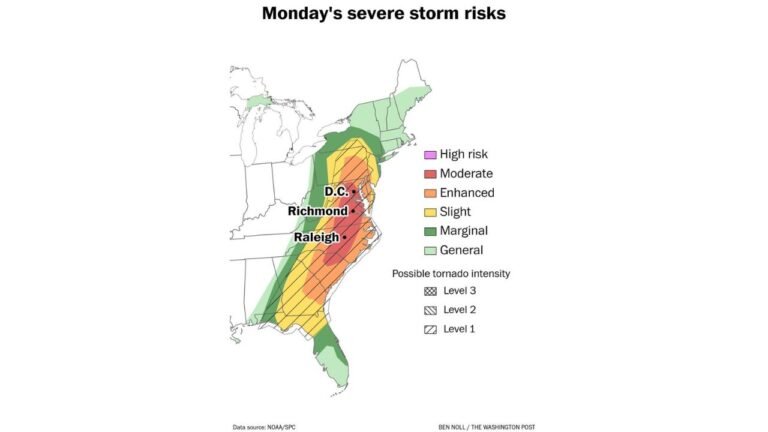 North Carolina, Virginia, Maryland and Washington DC Face Rare Level 4 Severe Storm Risk Monday With Tornadoes and Damaging Winds Expected