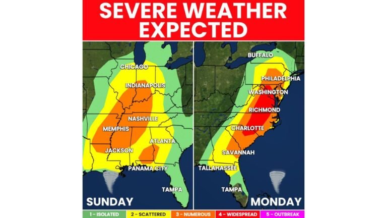 North Carolina, Virginia, Washington DC and Pennsylvania Brace for Dangerous Severe Weather Outbreak Monday After Sunday Storms Sweep Mississippi Valley