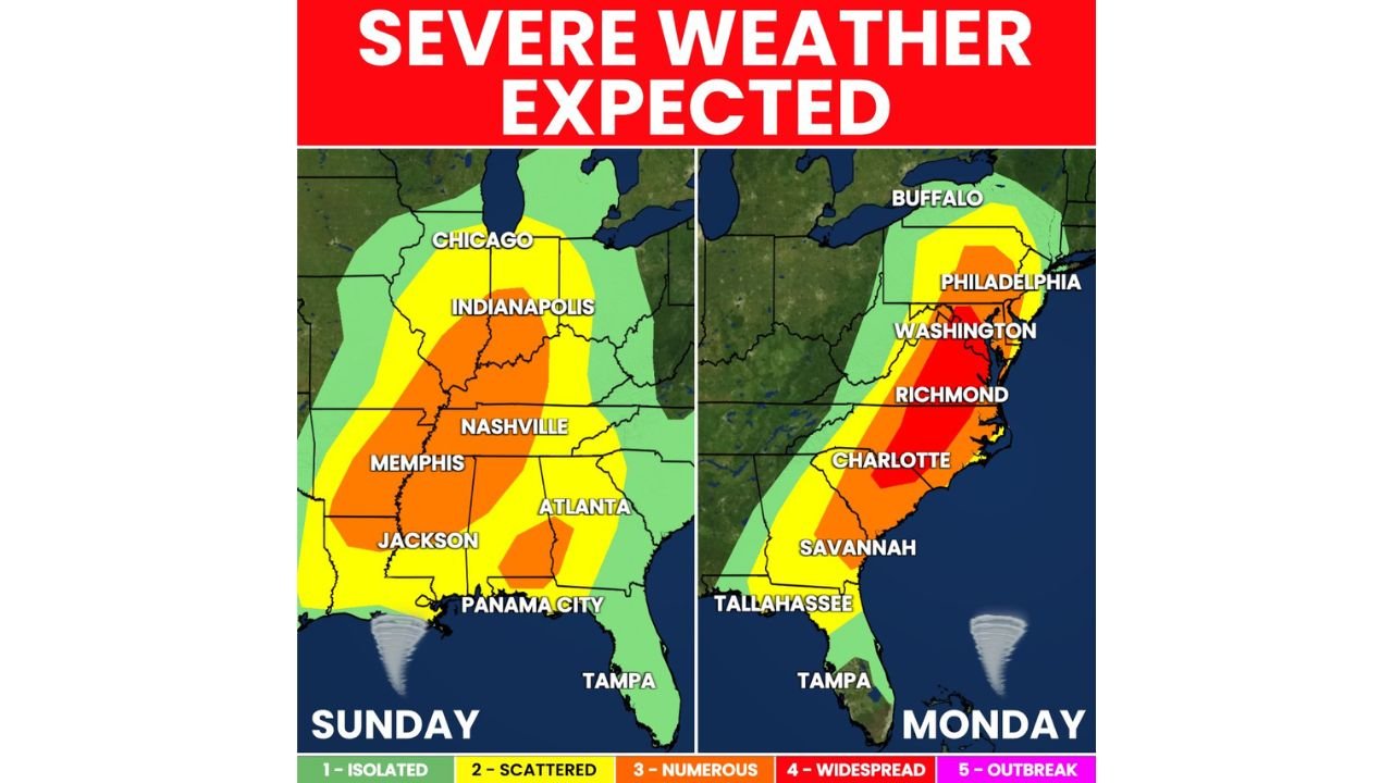 North Carolina, Virginia, Washington DC and Pennsylvania Brace for Dangerous Severe Weather Outbreak Monday After Sunday Storms Sweep Mississippi Valley
