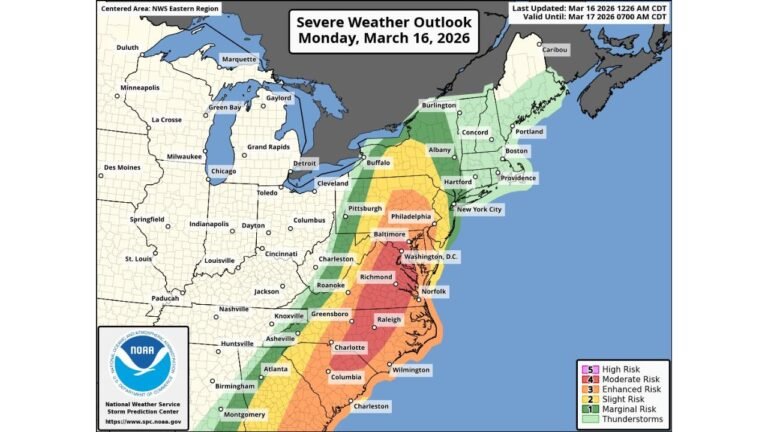 North Carolina, Virginia and Maryland Under Level 4 Moderate Severe Storm Risk Monday With Tornadoes and Widespread Damaging Winds Possible