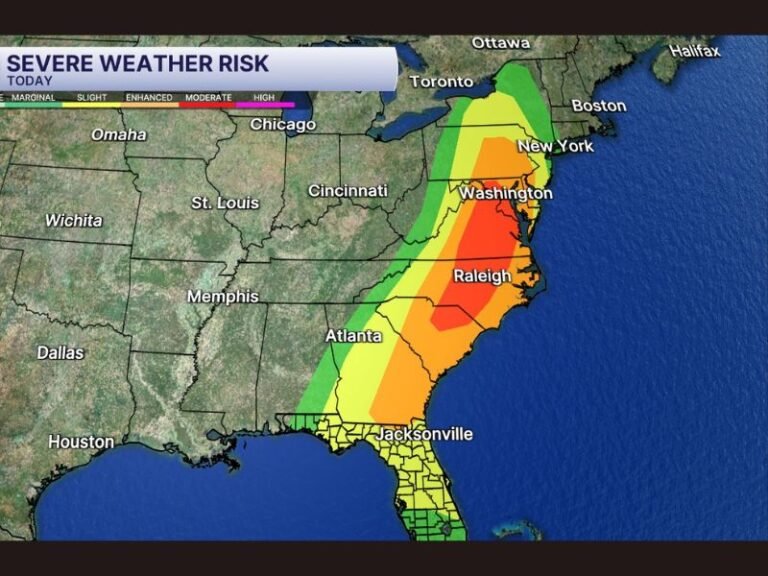 North Carolina and Mid-Atlantic Face Dangerous Severe Weather Threat Today as 60 Million From Florida to New York Enter Storm Risk Zone
