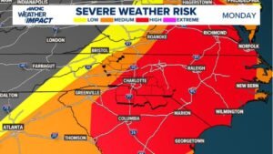 North Carolina and South Carolina Facing High Severe Weather Risk Late Sunday into Monday as Damaging Winds and Tornado Threat Target Charlotte, Raleigh and Columbia