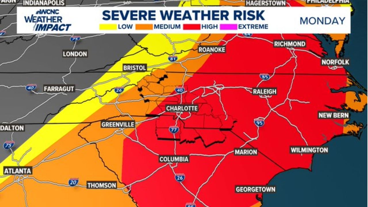 North Carolina and South Carolina Facing High Severe Weather Risk Late Sunday into Monday as Damaging Winds and Tornado Threat Target Charlotte, Raleigh and Columbia